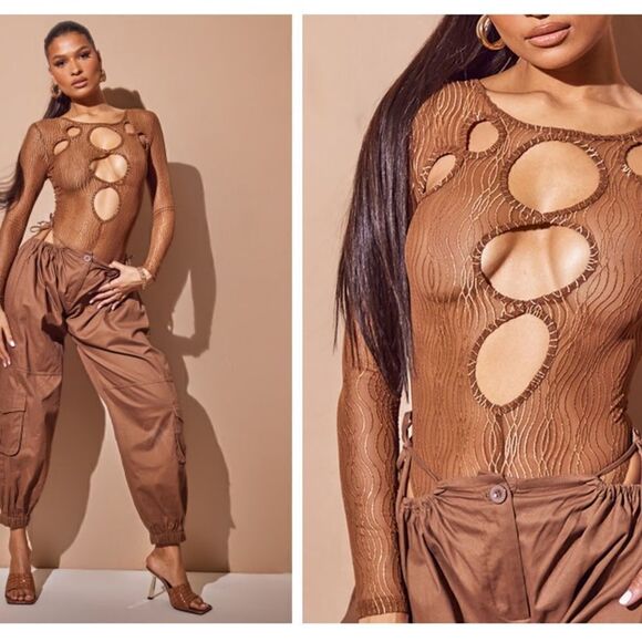 NWT PrettyLittleThing 4 Sheer/Gold Brown Texture Mesh Cut Out Lng Sleve Bodysuit - Picture 12 of 12